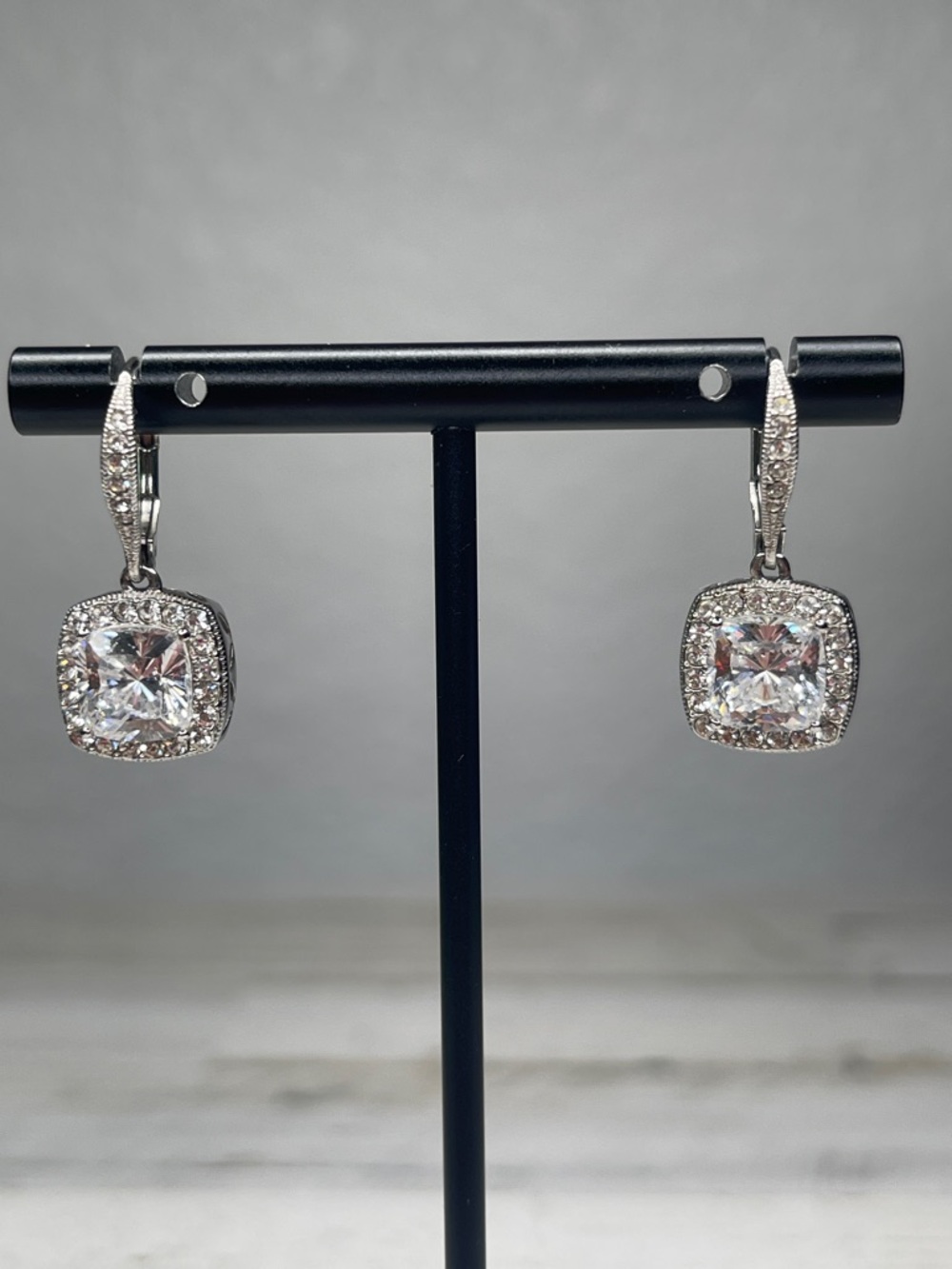 Nadri Square Halo CZ Dangle Earrings Silver Tone Sparkle